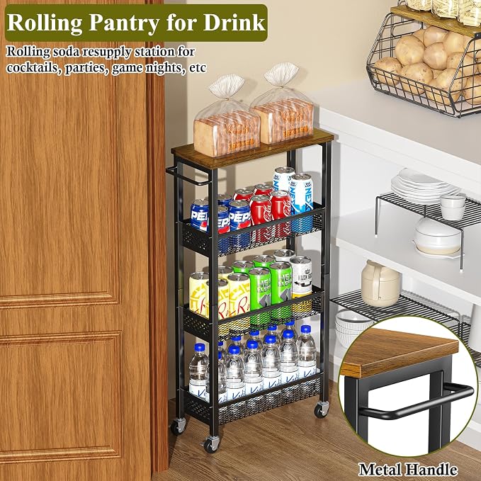 Utility Slim Storage Cart, 4 Tier Small Rolling Kitchen Laundry Room Cart - Image 6