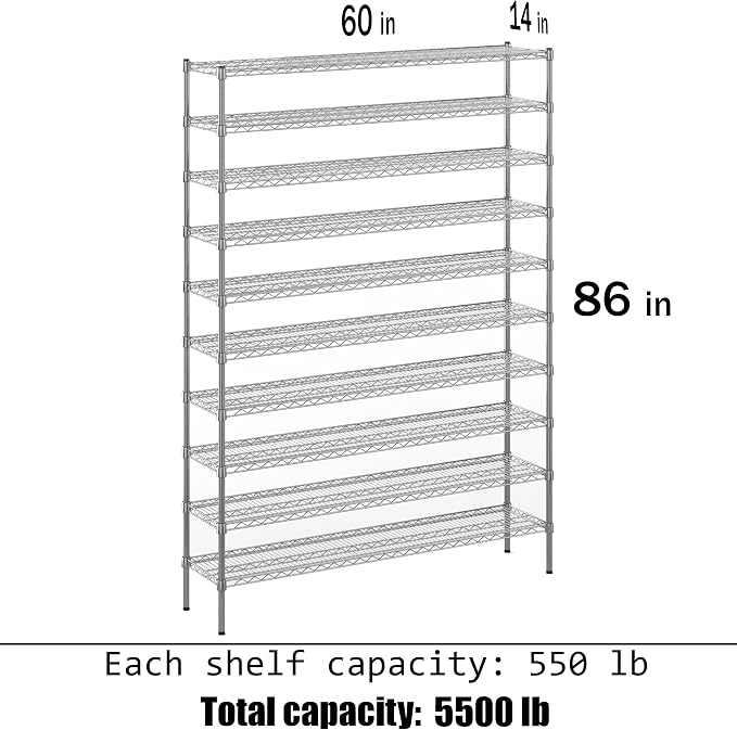 14" Deep x 60" Wide x 86" Height Wire Shelving Kit | 10-Tier | NSF Commercial - Image 3