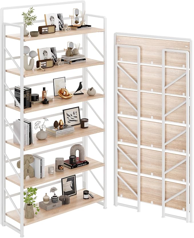 JSB Folding Bookshelf, Industrial Storage Shelves, No Assembly Vintage Wood by HomeFurniture