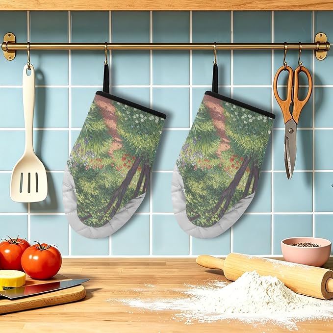 Heat Resistant Oven Mitts, Spring Plants Flowers Tree Scene Kitchen Gloves - Image 5