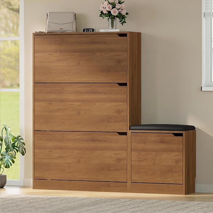 BORNOON Shoe Cabinet with Bench and 3 Flip Drawers, Slim Narrow Shoe Storage - Image 3