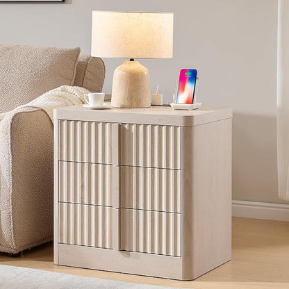 23.6" Nightstand with Charging Station, Side Table with 3 Large Storage Drawers by YANSNWO
