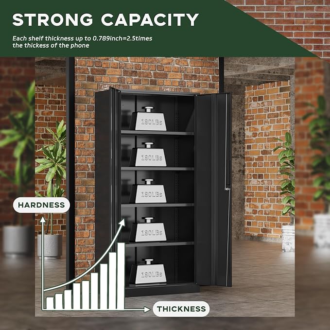 Greenvelly Metal Garage Storage Cabinet, 72” Locking Black Tool Steel Cabinet - Image 6