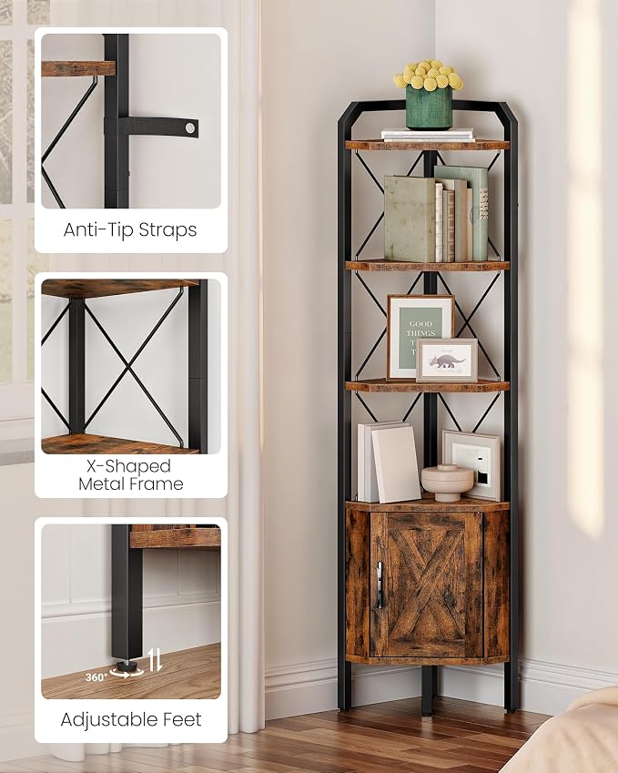62.2" Corner Shelf with Cabinet, 4-Tier Tall Corner Bookshelf with X-Shaped and - Image 6