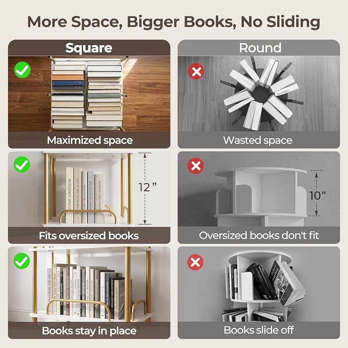 Rotating Bookshelf, 6 Tier Tall Spinning Skinny Book Shelf White | Gold Modern - Image 6