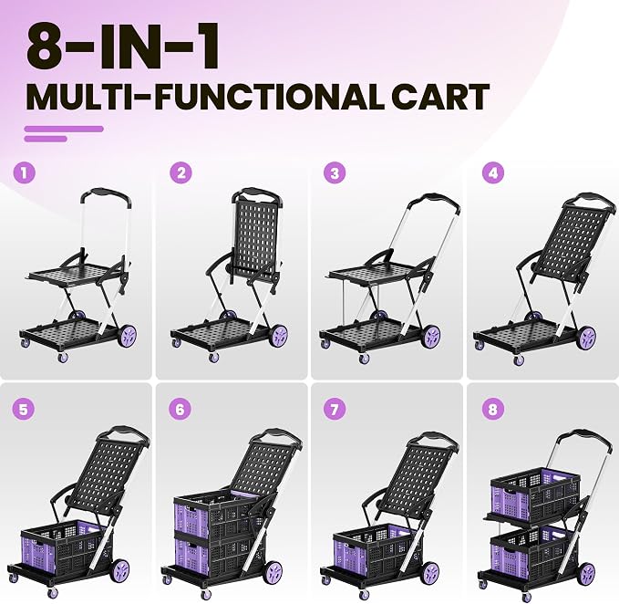 8-in-1 200LBS Collapsible Shopping Cart, Adjustable Handle Grocery Cart on - Image 3