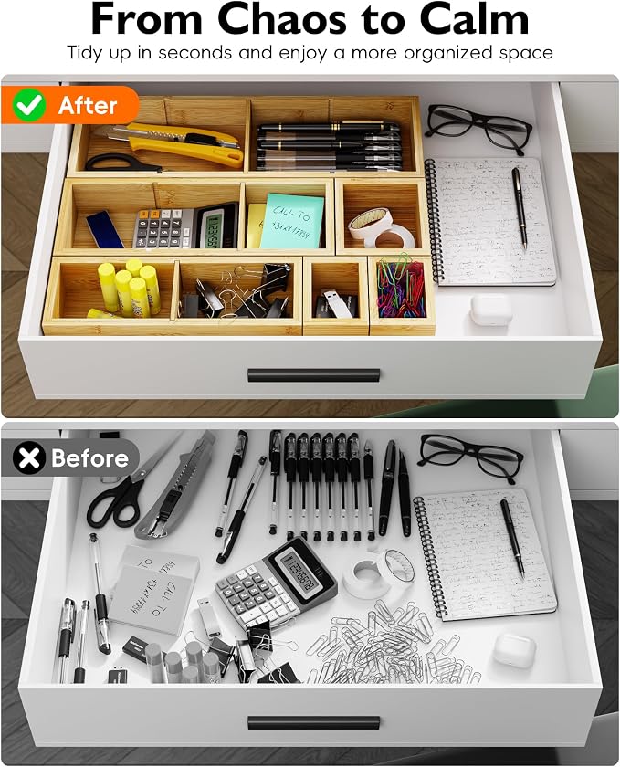 12-Piece Bamboo Desk Drawer Organizer Tray – Adjustable Storage Boxes - Image 5