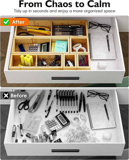 12-Piece Bamboo Desk Drawer Organizer Tray – Adjustable Storage Boxes - Image 5