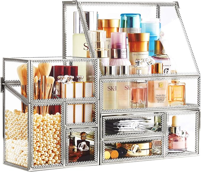 Hersoo Glass Makeup Organizer for Vanity/Stackable 2Pieces Drawer Set/Antique - Image 2