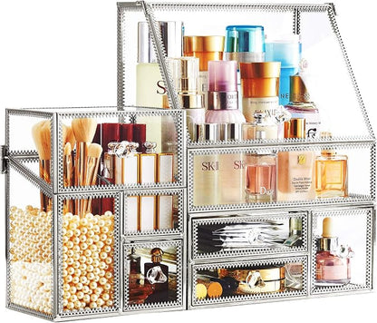 Hersoo Glass Makeup Organizer for Vanity/Stackable 2Pieces Drawer Set/Antique - Image 2