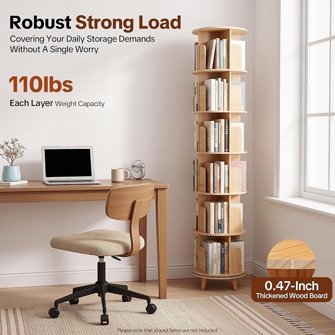 6 Tier Rotating Bookshelf Tower, Solid Wood Bookshelf - Image 8