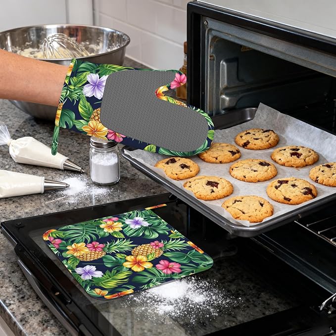 Pineapple Heat-Resistant Silicone Oven Mitts and Pot Holders, Hawaiian Tropical - Image 4