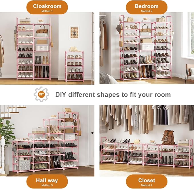 WOWLIVE 9 Tier 3-Column Shoe Rack, 50-55 Pairs Stackable Pink | 50in long - Image 5