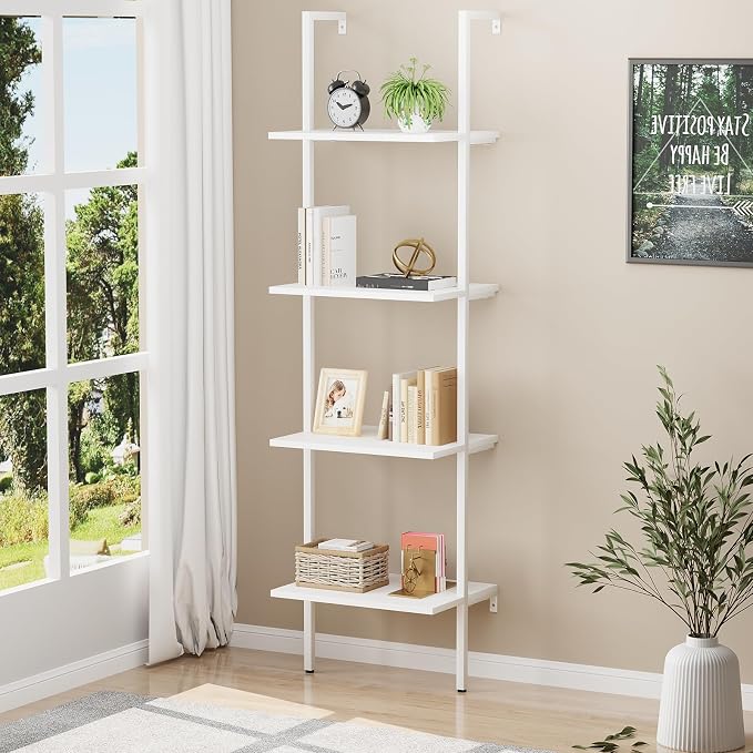 Ladder Shelf 4 Tiers Metal Industrial Bookshelf, Wall Mount Wide Bookcase - Image 7