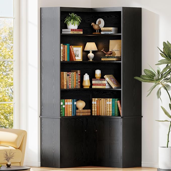 IRONCK Corner Bookshelf with Doors, 6 Tier Bookcase with Storage, Corner Shelf by IRONCK