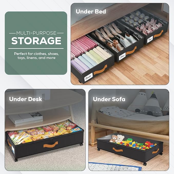 Under Bed Storage with Wheels, 2 Pack| Low Profile Storage Organizer with Clear - Image 6