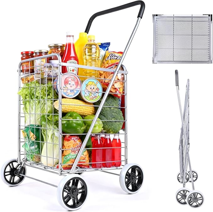 Folding Shopping Cart, Collapsible Grocery Rolling Utility Cart on Wheels by supenice