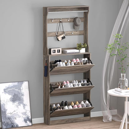 BORNOON Shoe Cabinet with 3 Flip Drawers & Coat Rack, Narrow Hidden Shoe by BORNOON