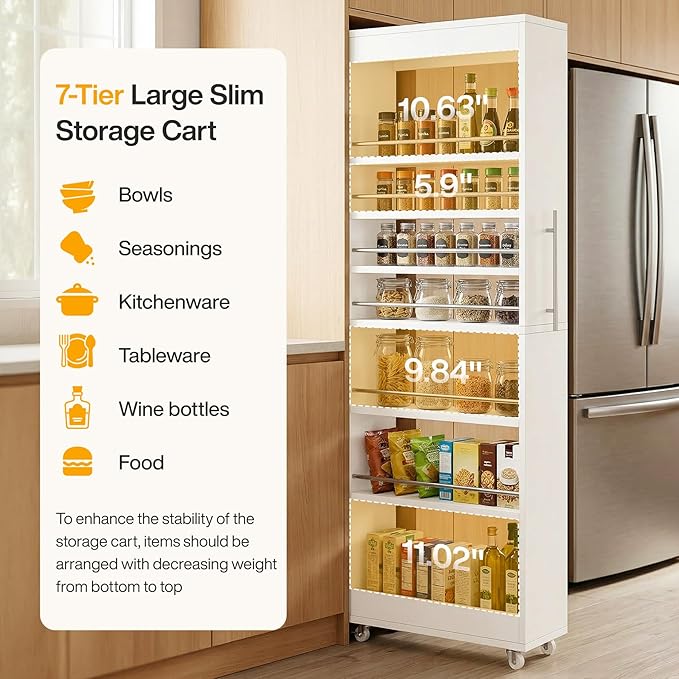 Tribesigns 73" Tall Slim Storage Cart on Wheels, 7-Tier Narrow Pantry Cabinet - Image 6