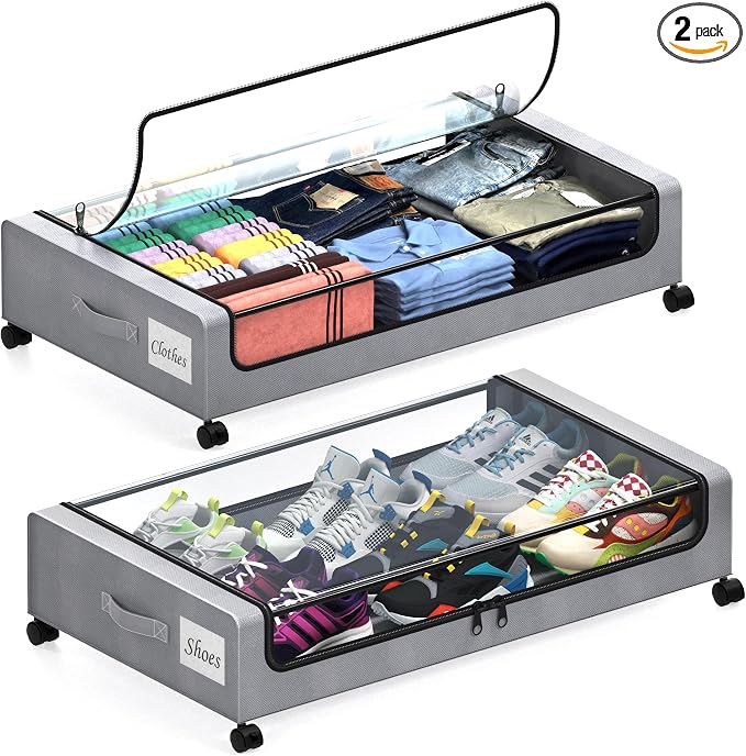 Under Bed Storage with Wheels, 2 Pack Under Bed Storage Containers with Clear by Unknown
