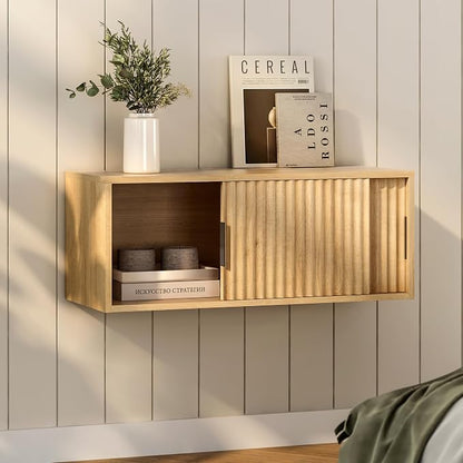 Fluted Wall Cabinet with Sliding Doors, Modern Large Floating Nightstand by EYYTHUNG