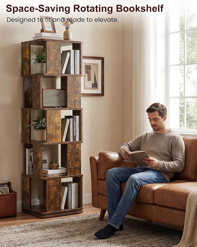 5-Tier Rotating Bookshelf Tower, 360° Square Spinning Book Shelf | Floor - Image 7
