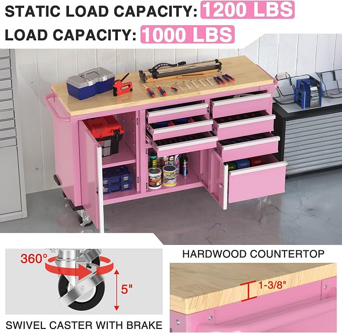 WORKPRO 62" x 20" 7-Drawer & 2-Door Rolling Tool Chest, Mobile Tool Storage - Image 3