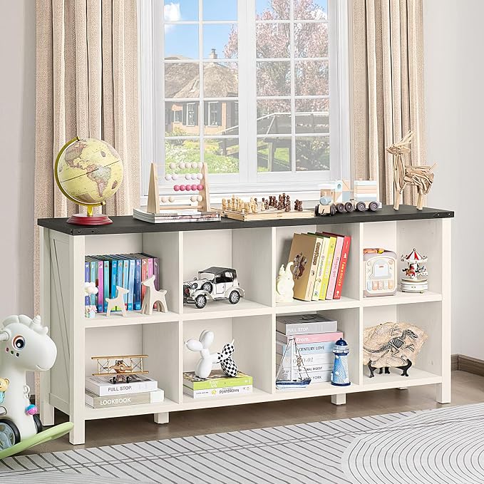 8 Cube Book Shelf, Farmhouse Wood Long Storage Organizer Bookcase, Kids Toy - Image 4
