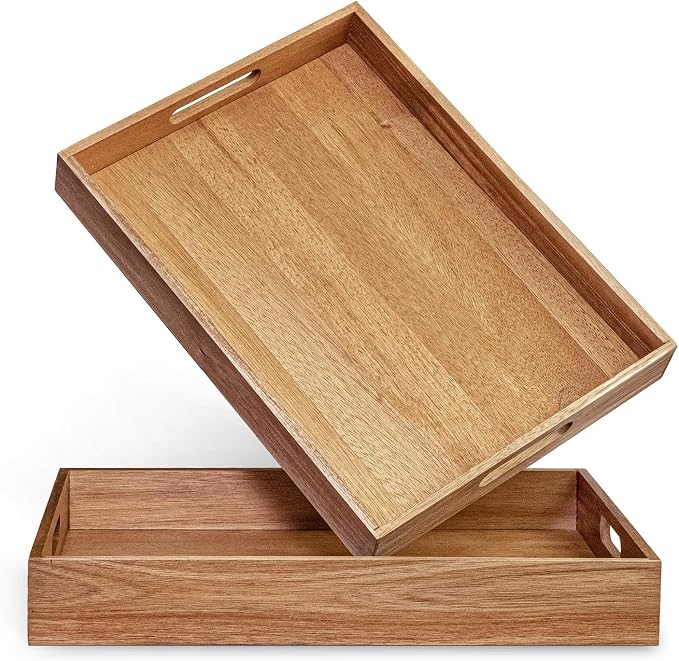 Acacia Wood Serving Tray with Handles Set of 2 – Decorative Serving Trays by KARRYOUNG