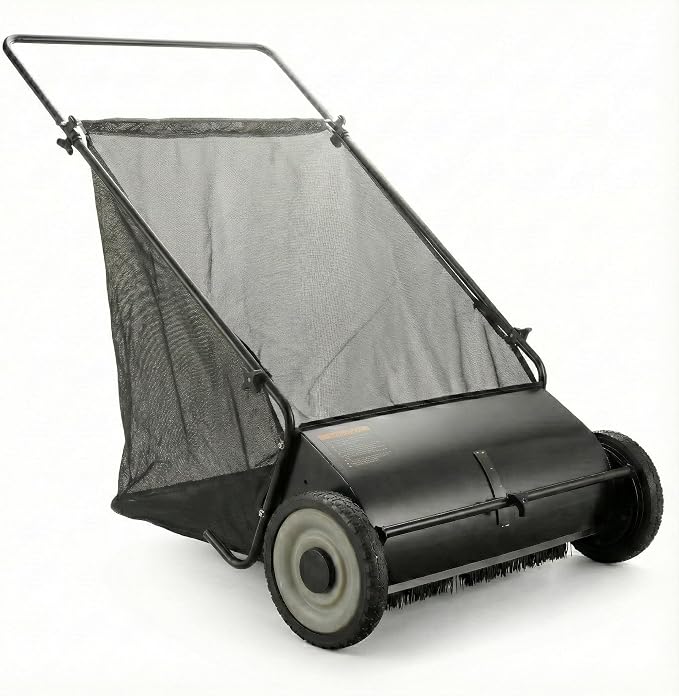 Lawn Push Sweeper, 7 Cu. Ft. Hopper Capacity, 4 Spinning Brushes, Angle & by Unknown