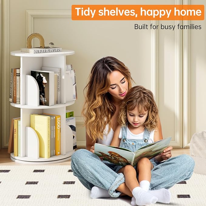 Rotating 2-Tier Bookshelf Tower, 360° Spinning Corner Bookcase - Image 8
