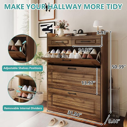 Shoe Cabinet with 3 Large Flip Drawers and 2 Storage Drawers, Narrow Shoe - Image 2