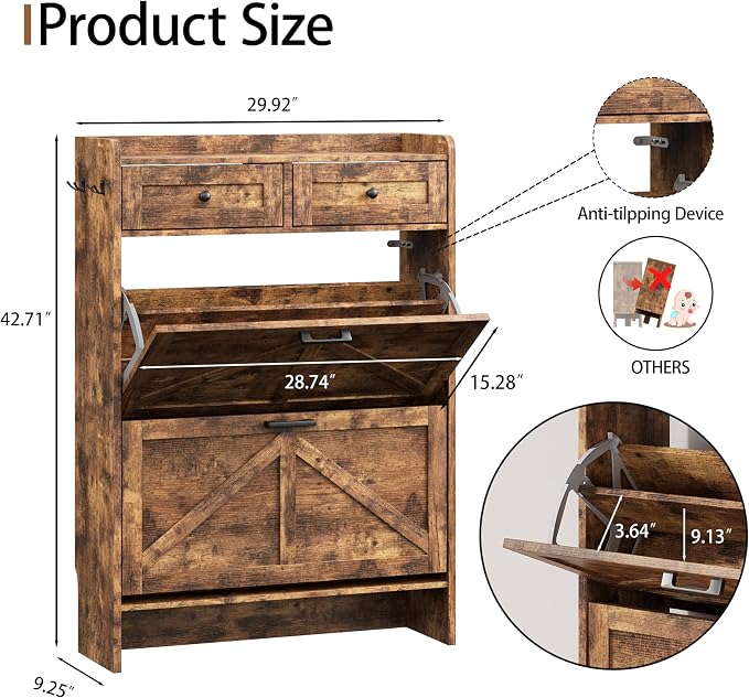 Shoe Cabinet with 2 Flip Drawers & 2 Top Drawers, Hidden Slim Shoe Rack - Image 2
