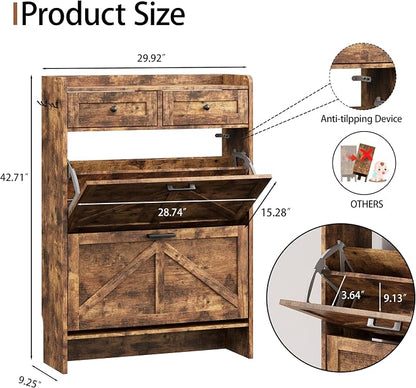 Shoe Cabinet with 2 Flip Drawers & 2 Top Drawers, Hidden Slim Shoe Rack - Image 2