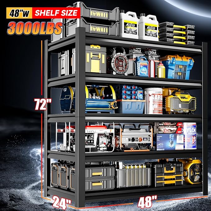 72" H Garage Shelving, 5-Tier Heavy Duty Shelving Unit, 3000LBS Adjustable - Image 3