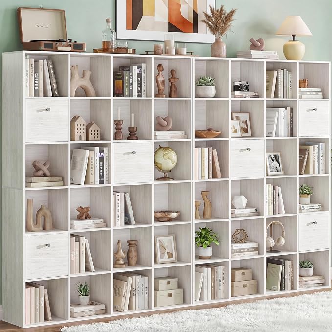 Large 24 Cube Storage Bookshelf 2-Pack, Washed White Wood Finish Bookcase by Odeekea