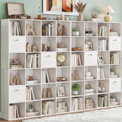 Large 24 Cube Storage Bookshelf 2-Pack, Washed White Wood Finish Bookcase by Odeekea
