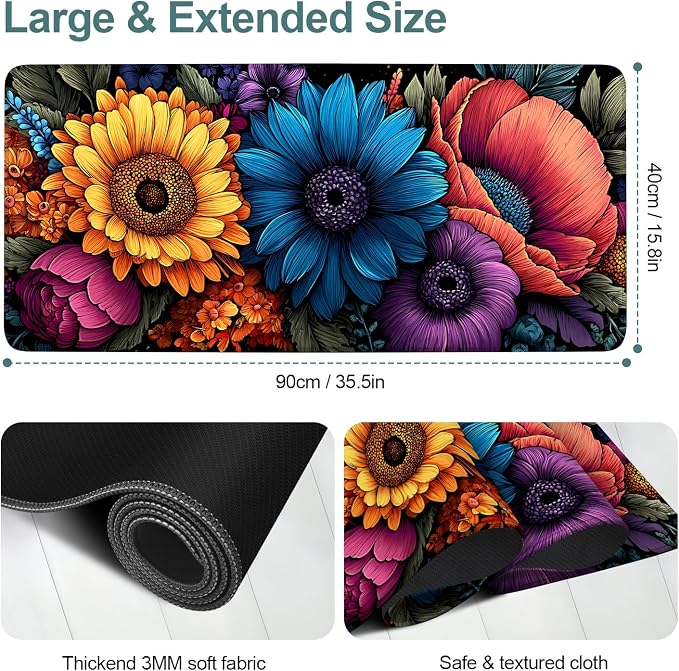 Flower Gaming Mouse Pad 35.4"x15.7"Desk Mat Anti-Slip Rubber Base & Durable - Image 2