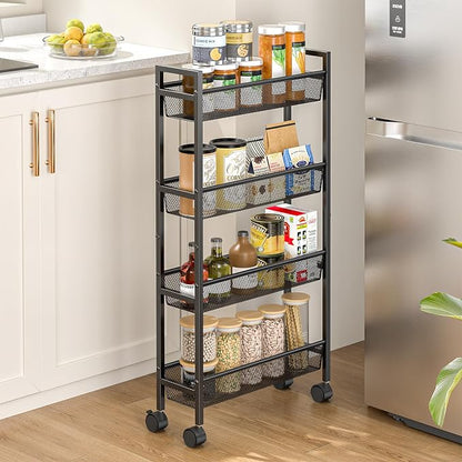 Slim Storage Rolling Cart, 4 Tier Narrow Cart by ThreeHio