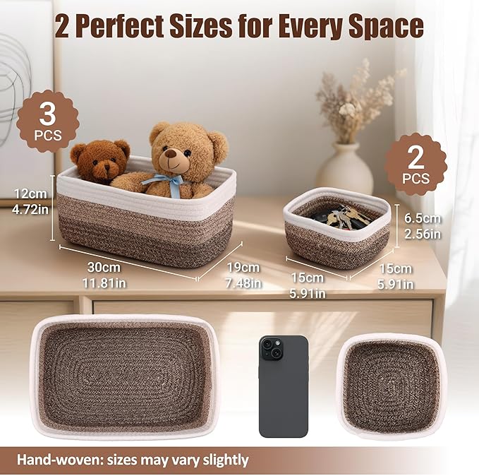 5-Pack Small Woven Rope Storage Baskets, 2 Sizes Organizer Bins | Fabric Cube - Image 2