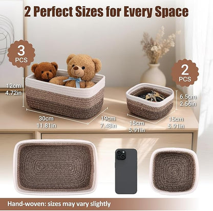 5-Pack Small Woven Rope Storage Baskets, 2 Sizes Organizer Bins | Fabric Cube - Image 2