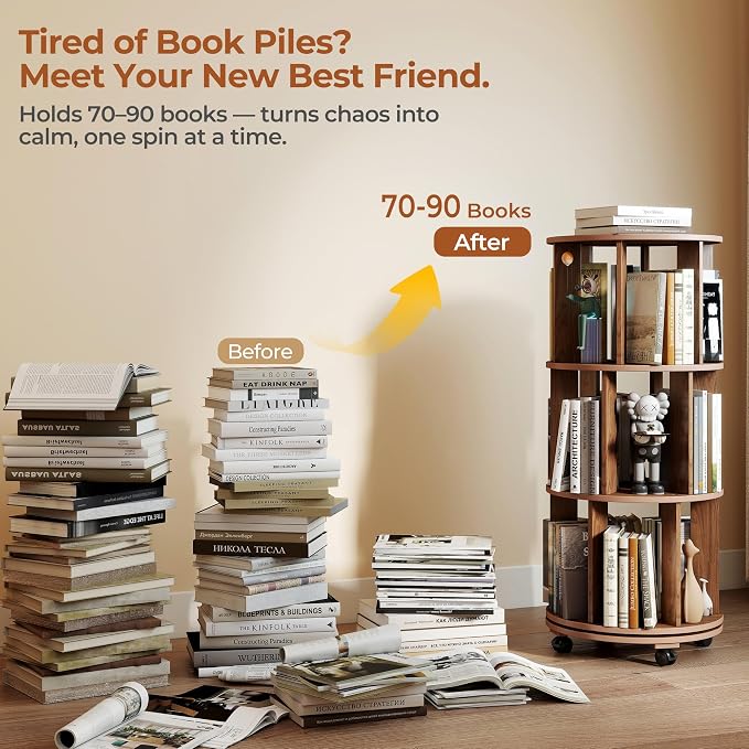 3-Tier Rotating Bookshelf on Wheels, 360° Spinning Bookshelf Tower, Round - Image 3