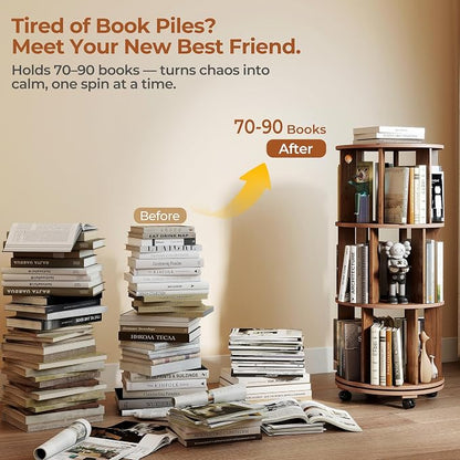 3-Tier Rotating Bookshelf on Wheels, 360° Spinning Bookshelf Tower, Round - Image 3