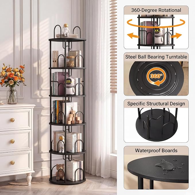 5 Tier Rotating Bookshelf, 360° Spinning Bookshelf Tower, Narrow Corner Book - Image 4