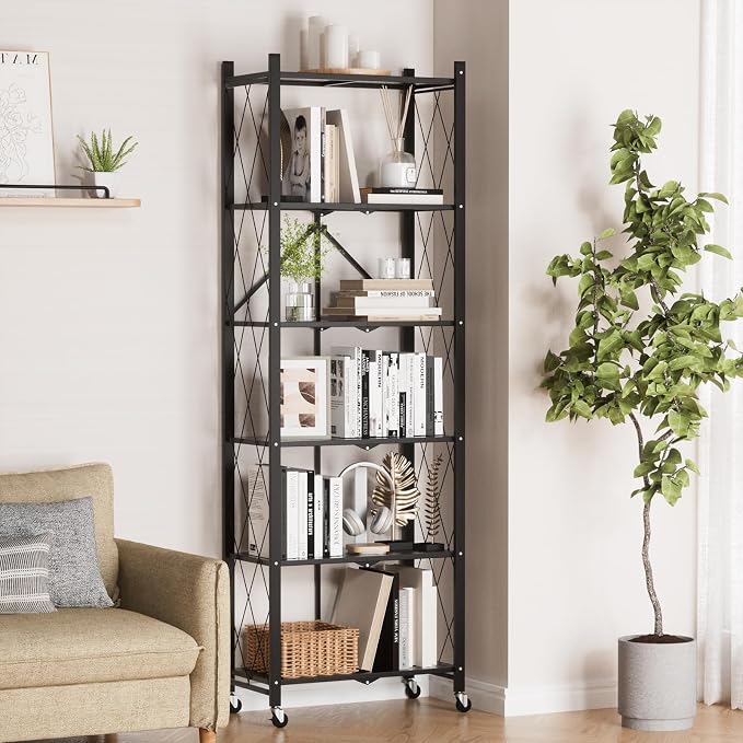 ALANNG 73.6 Inch Folding Bookshelf, 6 Tier Metal Bookcase and Bookshelves | - Image 2