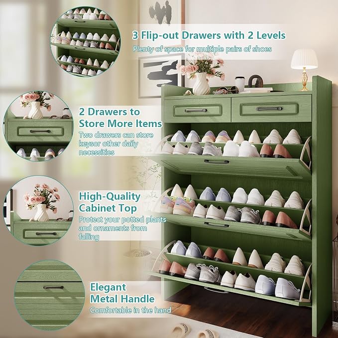 Shoe Cabinet with 3 Large Flip Drawers and 2 Storage Drawers, Narrow Shoe - Image 4
