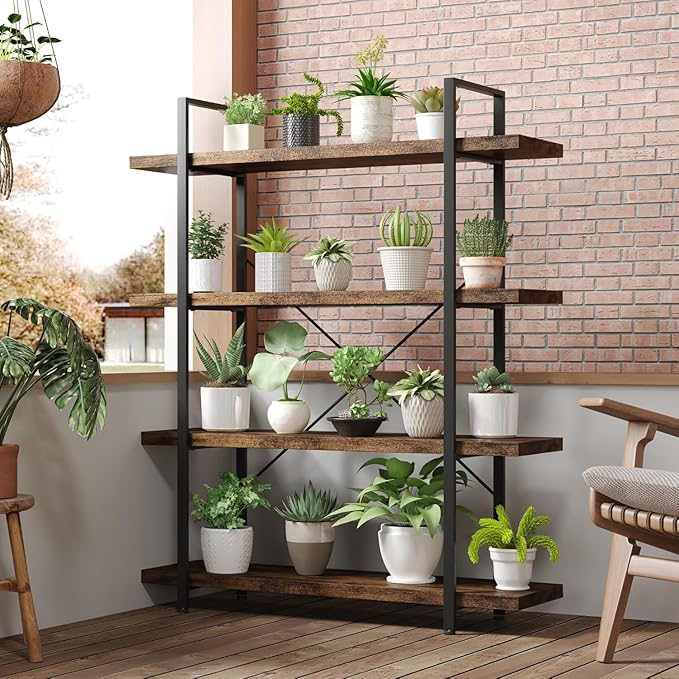 Heavy Duty 4-Tier Industrial Bookcase, 120lbs Shelf Capacity, Rustic Open - Image 5