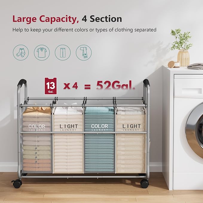 Tajsoon Laundry Sorter 4 Sections, Laundry Separator Hamper - Image 4