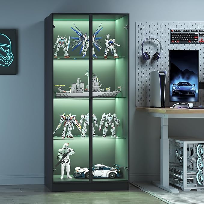 Display Cabinet with LED Lights, Display Case with 4-Tier Glass Shelves & 2 - Image 3