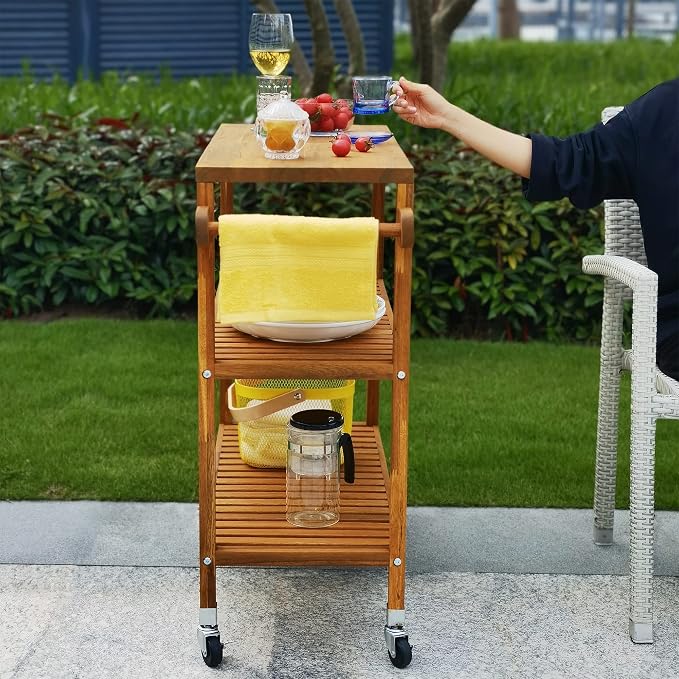 Interbuild 3 Tier Acacia Hardwood Kitchen Cart Portable Rolling Trolley Cart - Image 7
